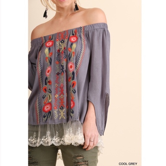 Embroidered off the shoulder top with lace hem - Picture 2 of 6